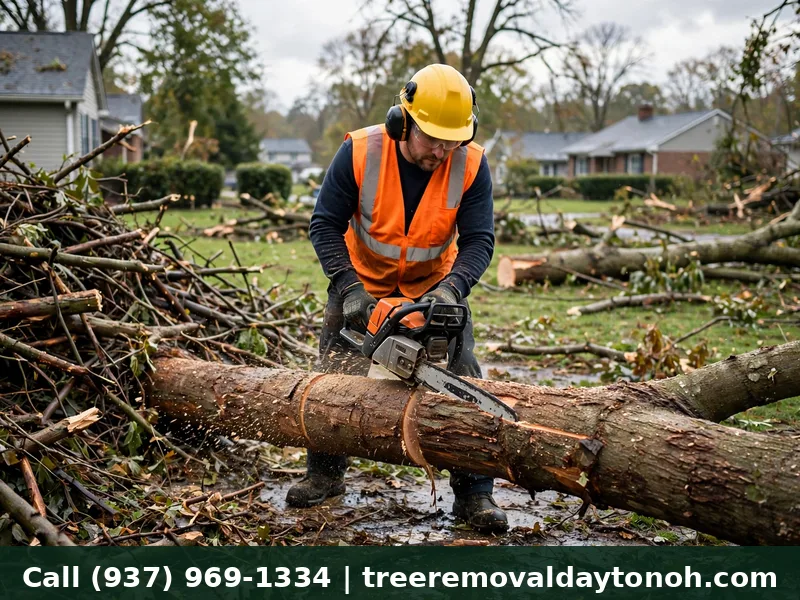 Tree crew cutting storm debris after wind damage in Huber Heights Ohio