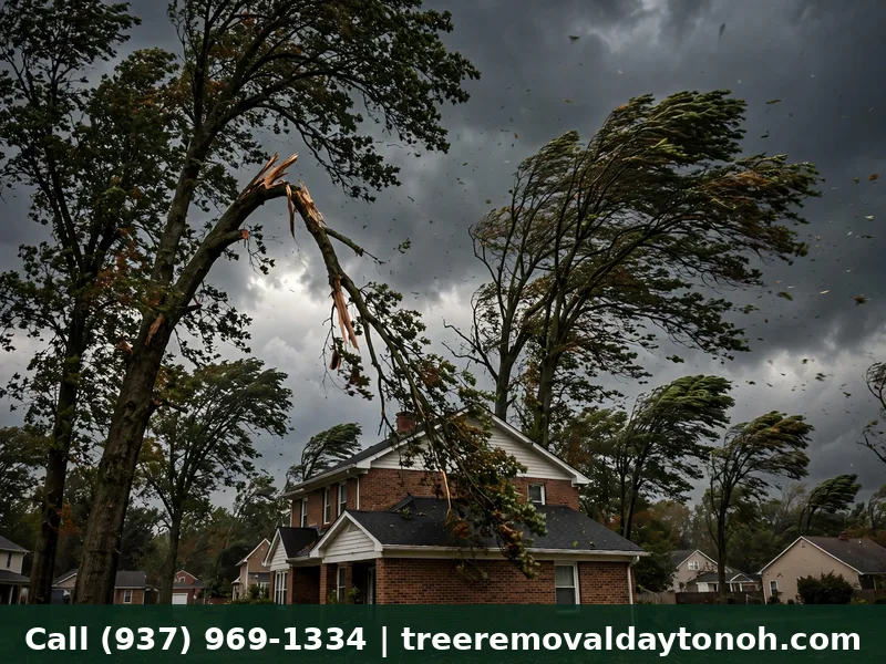 Storm wind damaged tree branch over a Dayton Ohio home