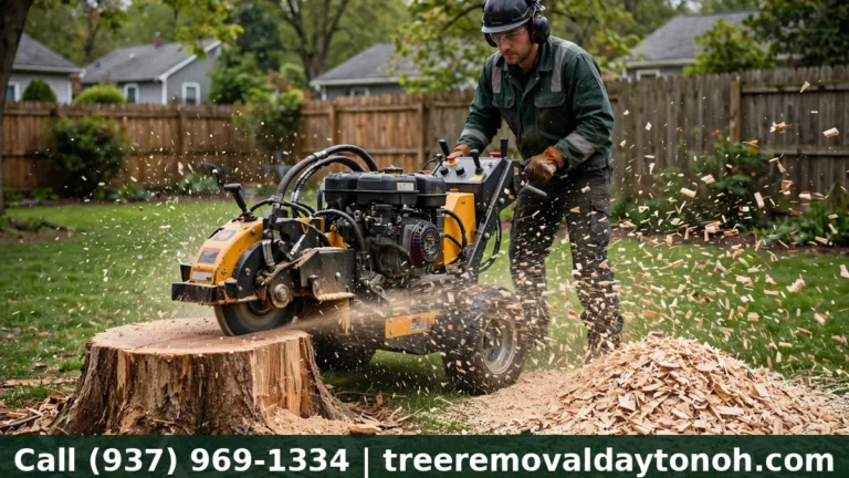 Stump grinding machine grinding a large tree stump in a Dayton Ohio backyard for stump grinding cost guide