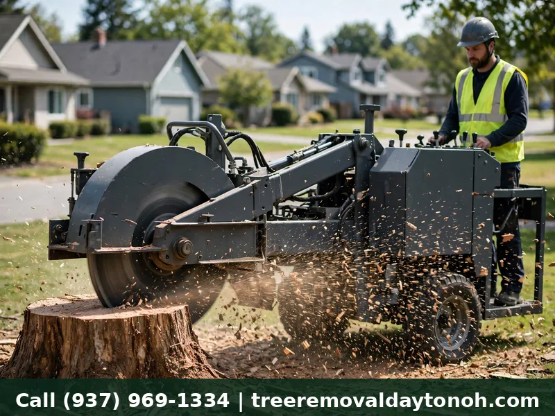 Stump grinding machine grinding a large stump in a Kettering Ohio front yard