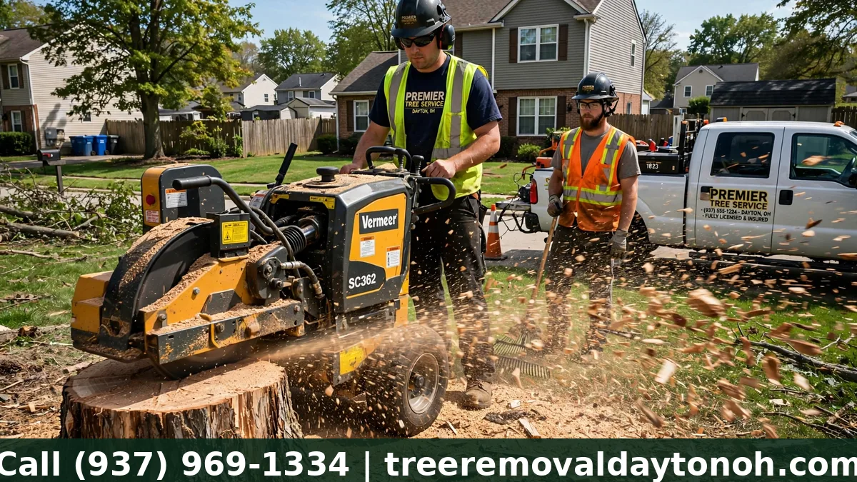 Professional stump grinding service in Dayton Ohio removing a tree stump from a residential backyard