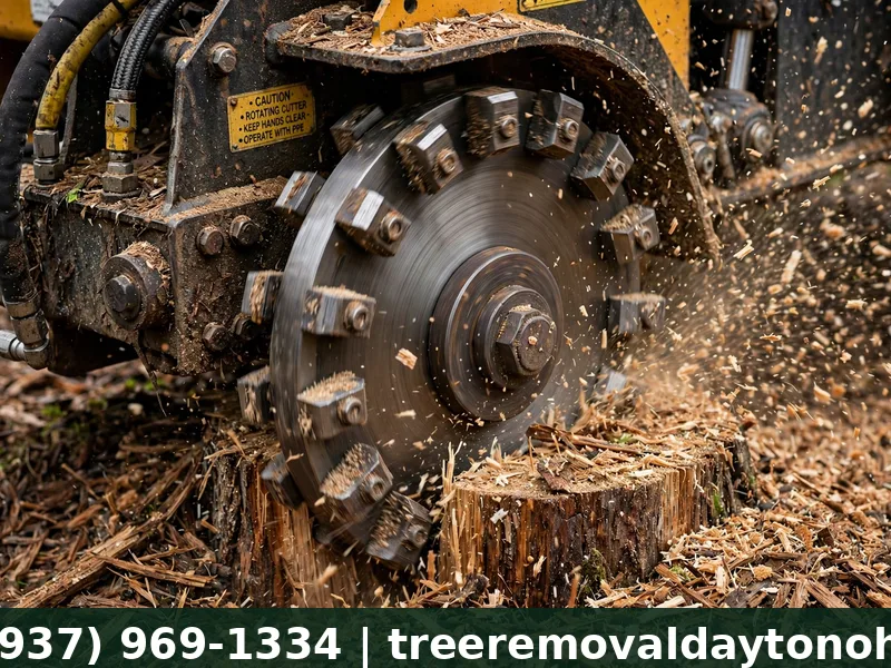 Close up of a stump grinder cutting wheel shredding a tree stump in Dayton Ohio