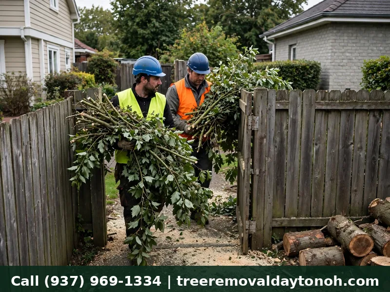 Tree crew hand carrying branches through a narrow side yard gate during a Kettering Ohio tree removal