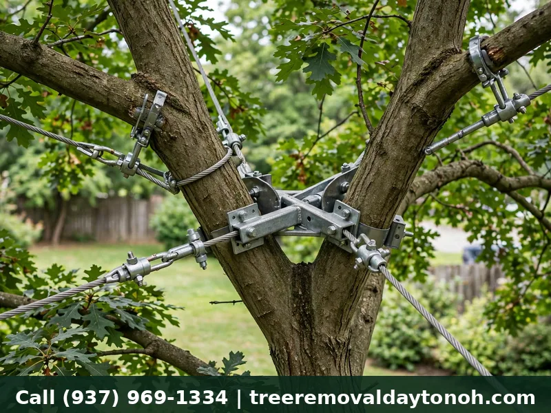 Steel cabling supporting a tree against storms in Dayton Ohio