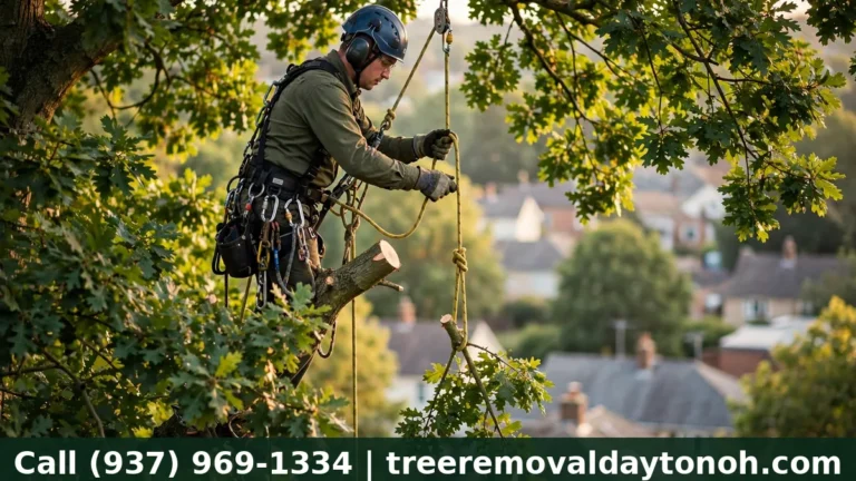 Professional tree climber with ropes pruning branches high in a large tree canopy in Dayton Ohio