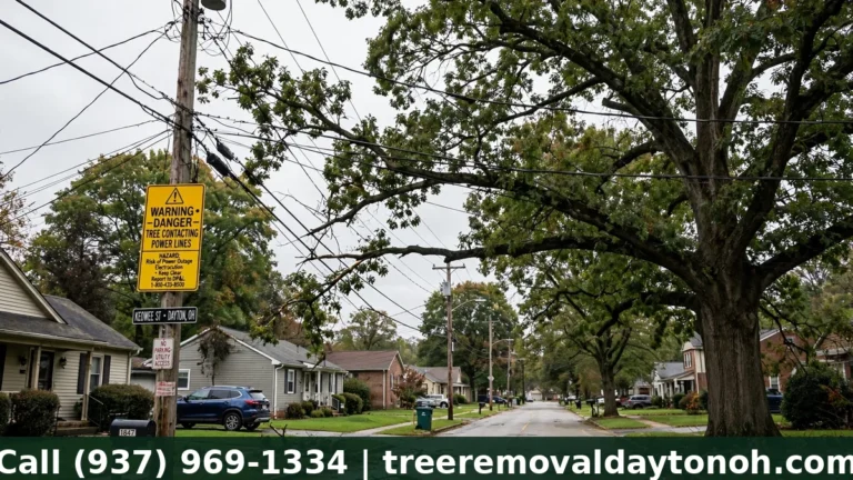 Tree growing into overhead power lines in Dayton Ohio showing why line clearance trimming is needed