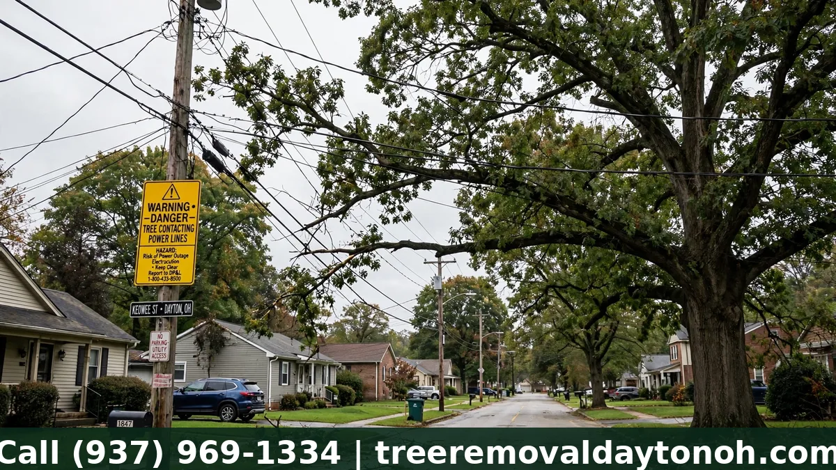 Tree growing into overhead power lines in Dayton Ohio showing why line clearance trimming is needed