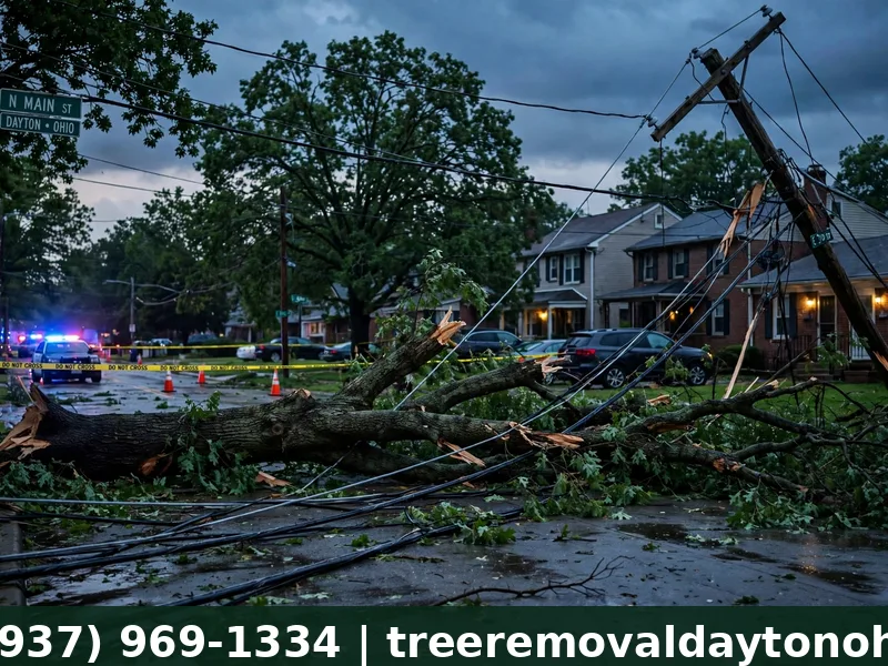 Tree fallen on a power line after a storm in Dayton Ohio requiring emergency utility coordination