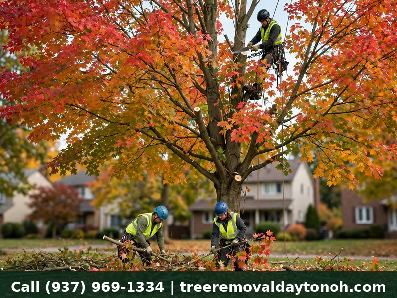 Tree trimming crew pruning a maple tree in late fall in Dayton Ohio using proper cuts