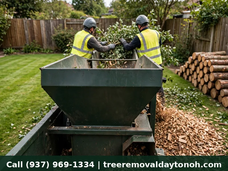 Tree crew chipping branches and cleaning up a yard after tree removal in Dayton Ohio