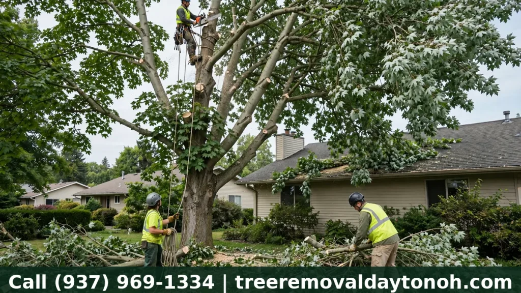 Tree removal crew dismantling a large silver maple in a Kettering Ohio backyard
