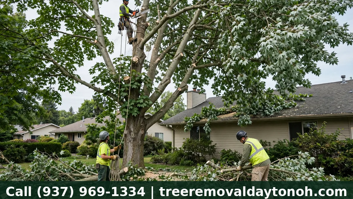 Tree removal crew dismantling a large silver maple in a Kettering Ohio backyard