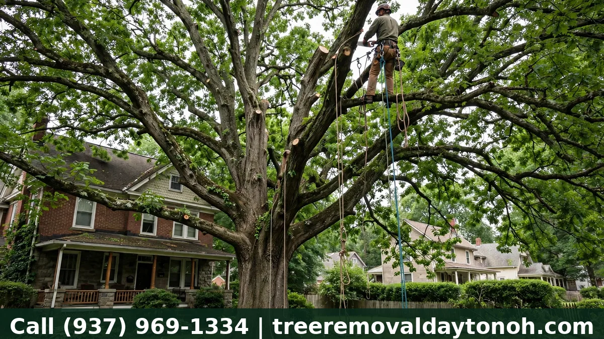 Large mature tree being removed with rigging ropes in an Oakwood Ohio historic yard