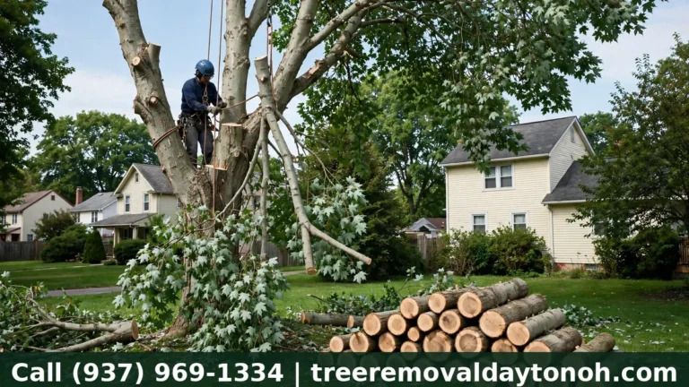 Tree removal crew lowering a branch with rigging ropes in a Huber Heights Ohio yard