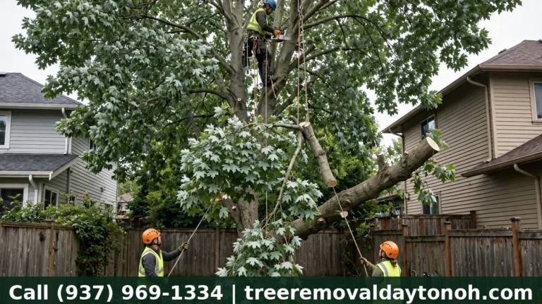 Tree removal crew removing a mature silver maple in a tight Kettering Ohio backyard