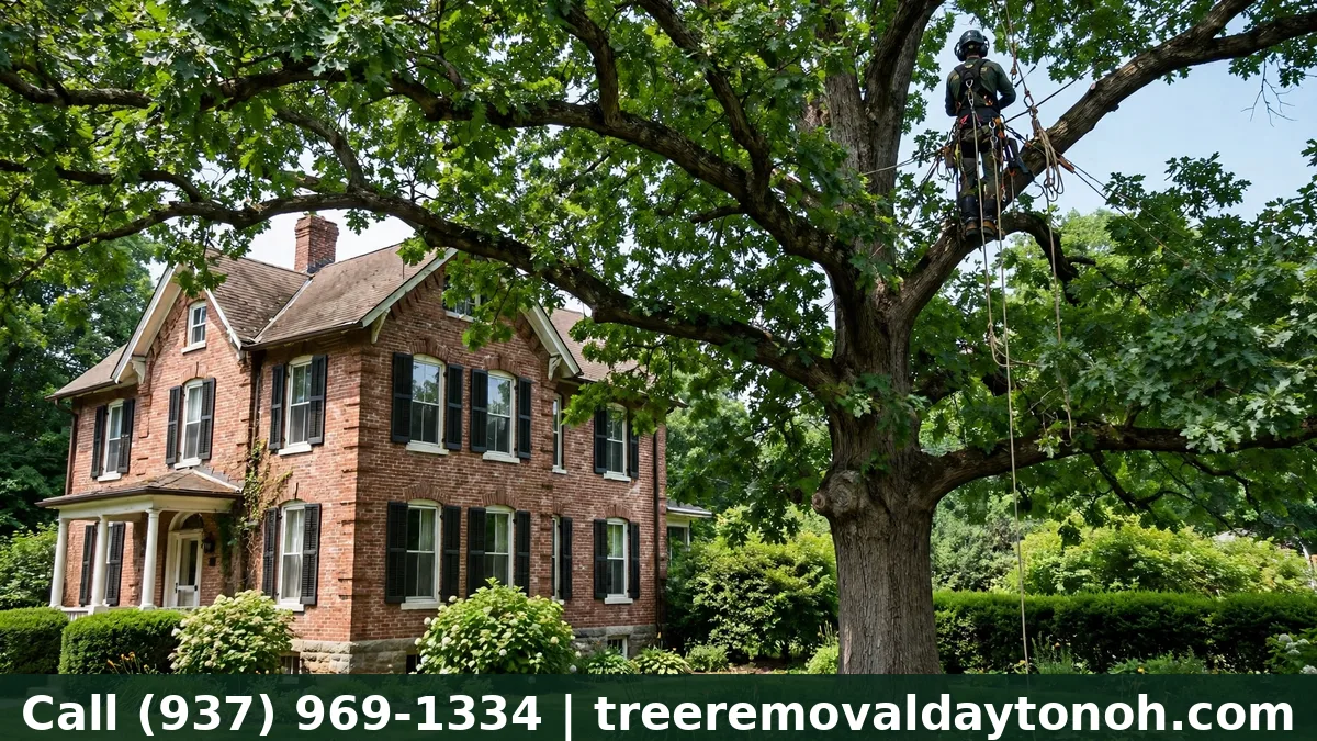 Arborist rigged in a large mature oak in front of a historic brick home during tree removal in Oakwood Ohio