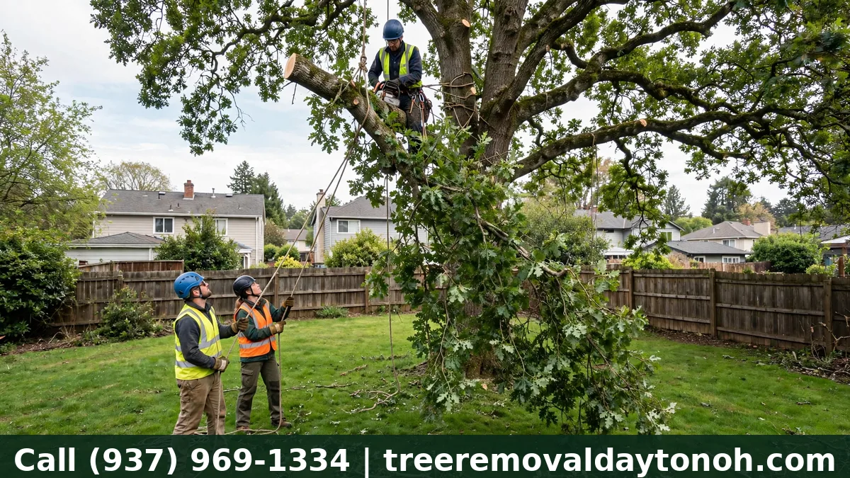 Professional tree removal crew removing a large tree in Dayton Ohio showing the step by step process