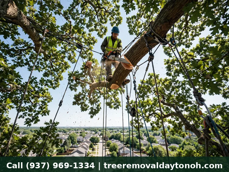 Arborist removing tree sections from the top down during a tree removal job in Dayton Ohio