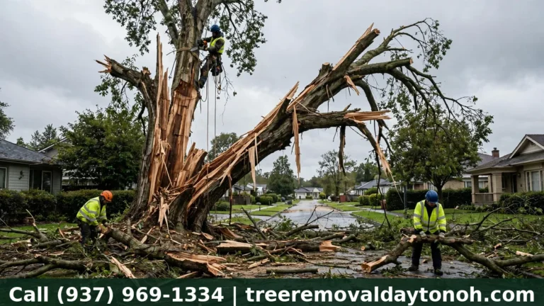 Professional tree removal crew removing a large storm damaged tree in Trotwood Ohio
