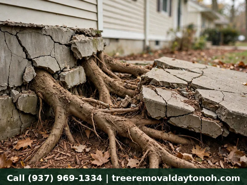 Tree roots lifting and cracking a foundation wall in Dayton Ohio