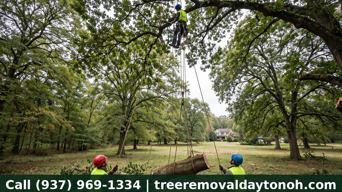 Professional tree removal crew removing a large mature oak tree in a spacious Beavercreek Ohio backyard
