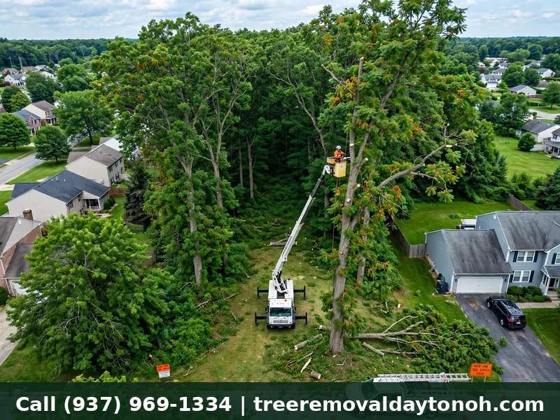 Arborist trimming mature hickory trees on a large wooded lot in Beavercreek Ohio