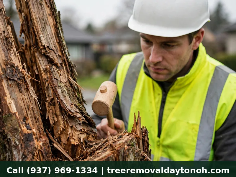 Certified arborist assessing a storm damaged tree in Trotwood Ohio