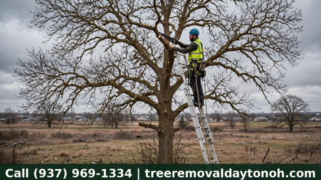 Arborist pruning a leafless oak tree during winter dormant season in Ohio
