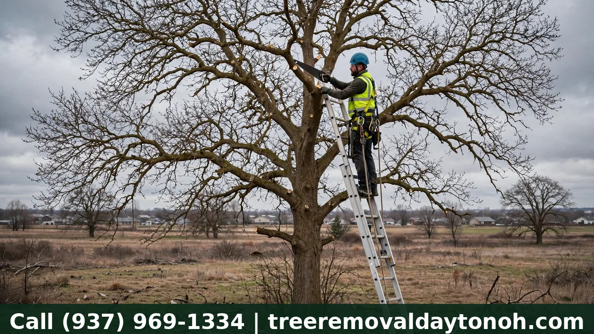 Arborist pruning a leafless oak tree during winter dormant season in Ohio