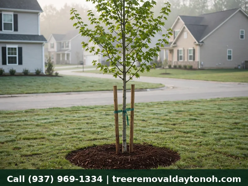 Newly planted young tree with mulch ring in Springboro Ohio